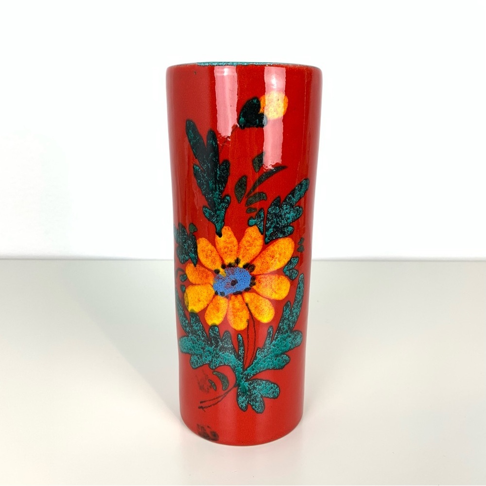 Italian Cylinder Vase Tall Red Flower Floral Stamped Italy Vtg MCM Elegant Fiery